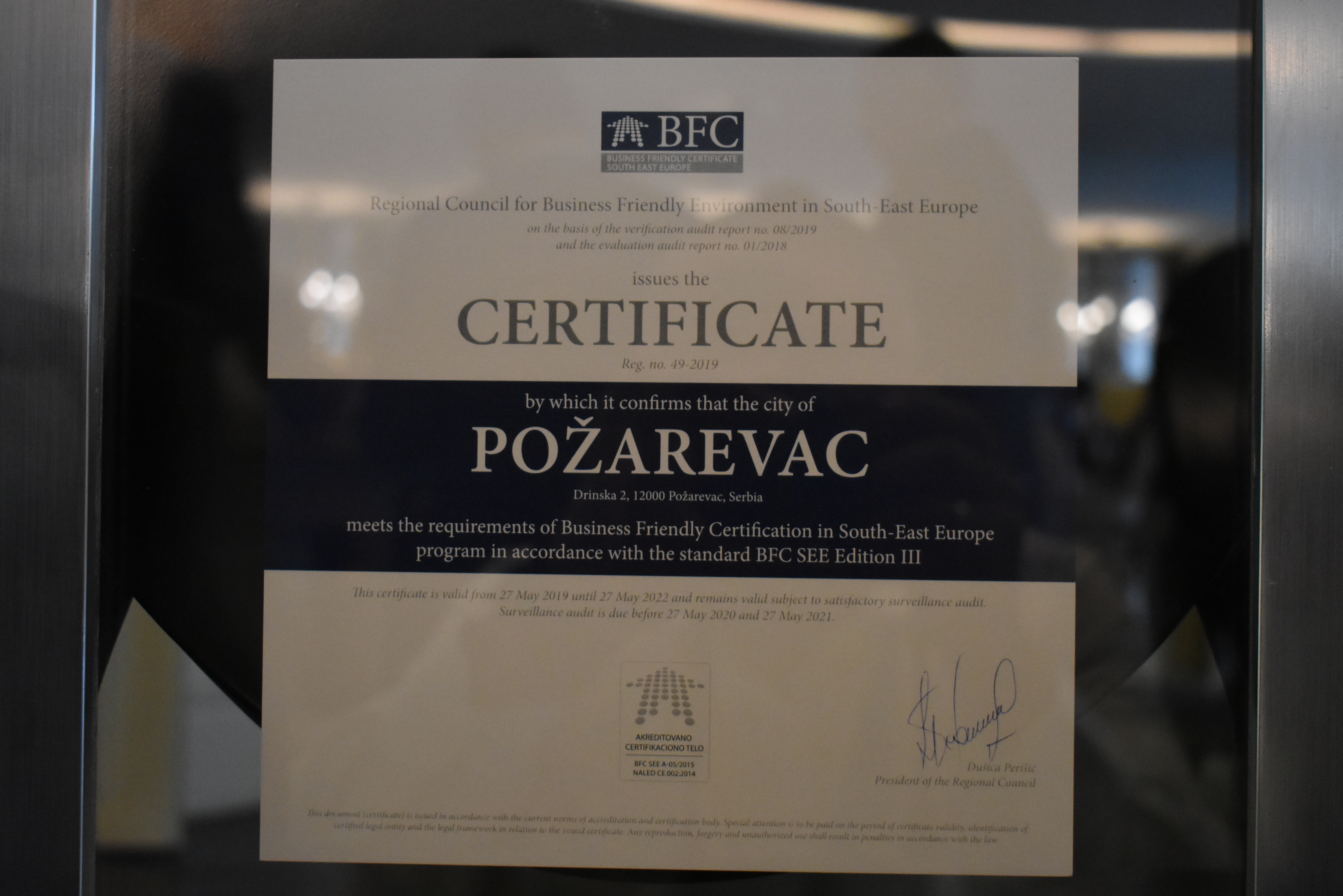 Grad Požarevac dobio sertifikat za povoljno poslovno okruženje