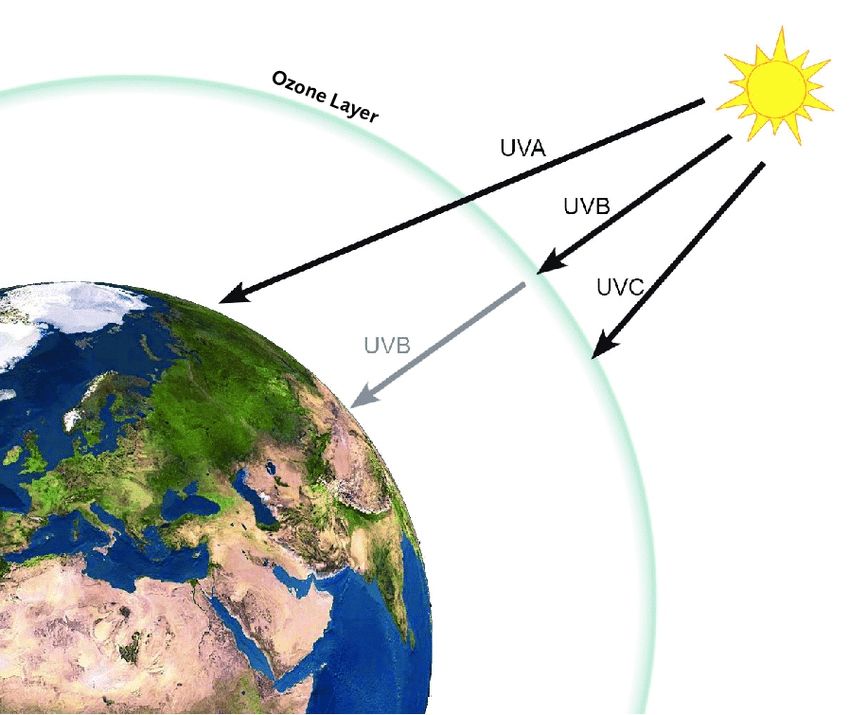 Diagram showing how different types of UV radiation penetrate or interact with the ozone