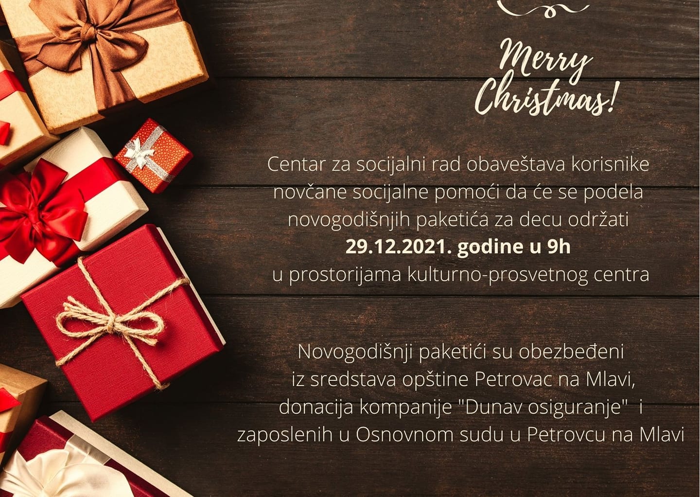 Obaveštenje Centra za socijalni rad Petrovac na Mlavi.