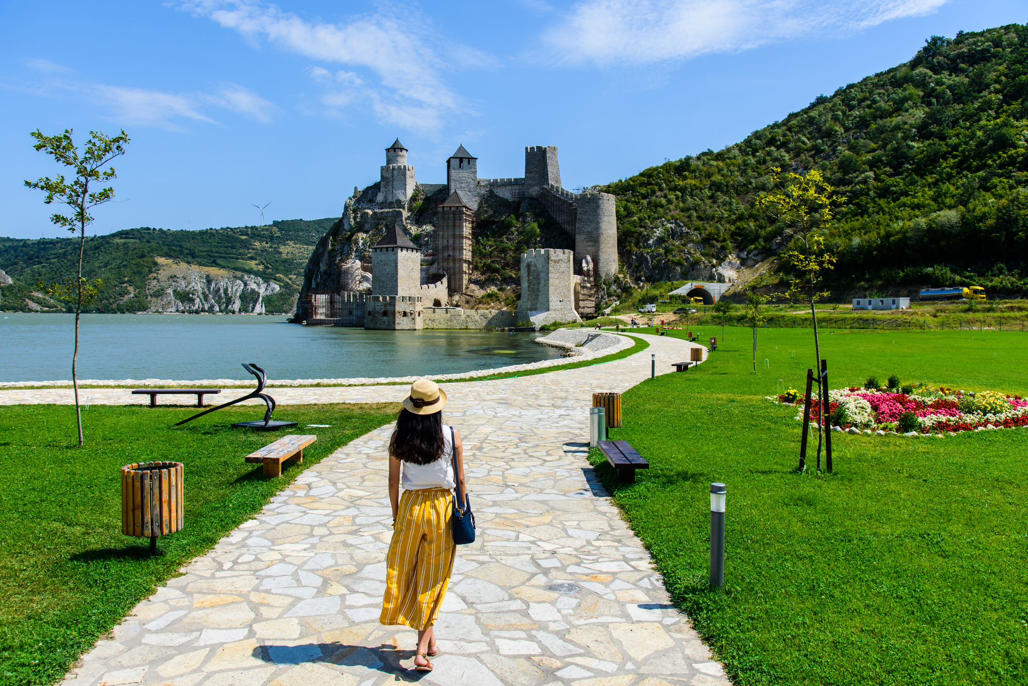 Tourist visiting Golubac fortress on Danube river in Serbia