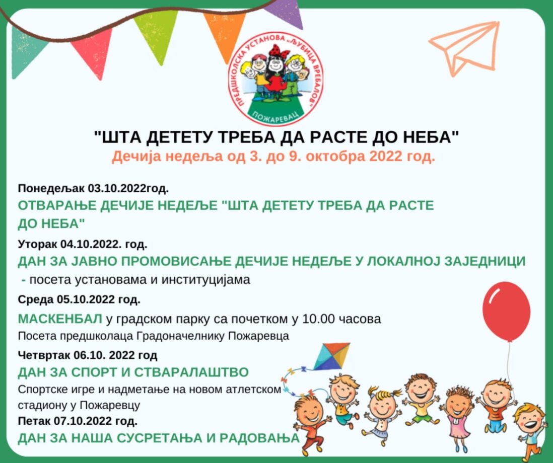 U Požarevcu počela Dečija nedelja – “Šta detetu treba da raste do neba”