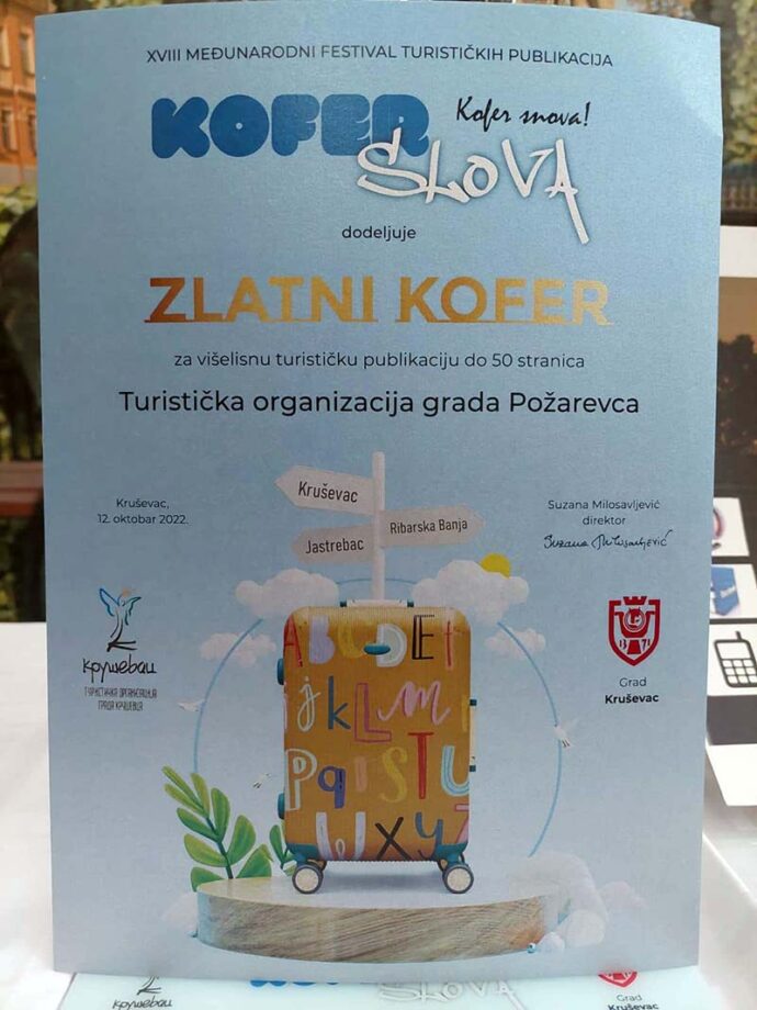Turistička organizacija Grada Požarevca dobila priznanje „Zlatni kofer“