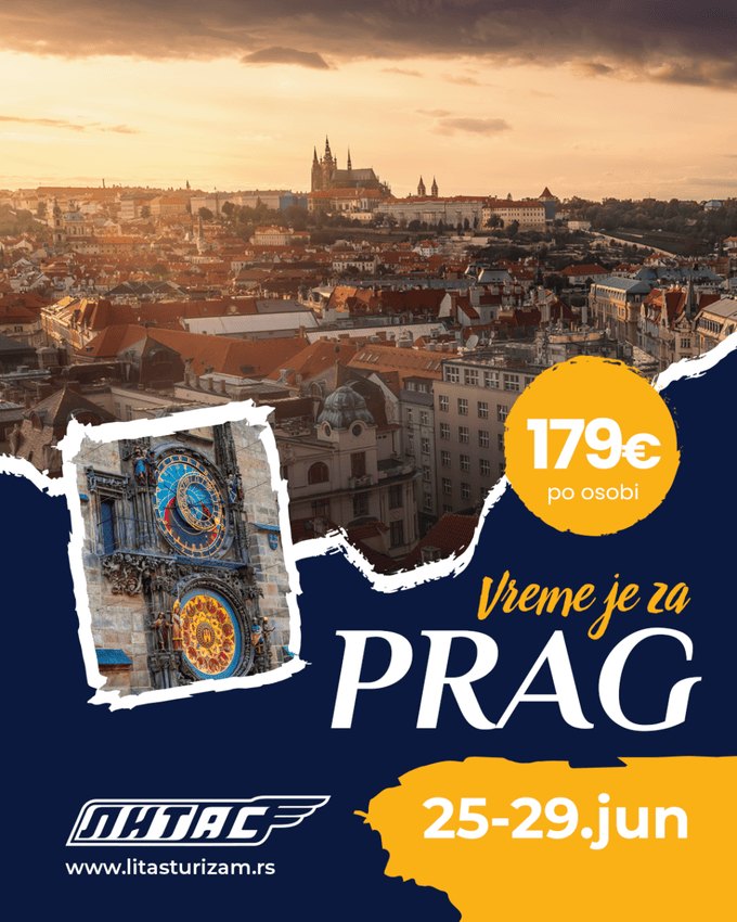 Panorama Praga sa starim zgradama i katedralom u pozadini, u večernjim satima.