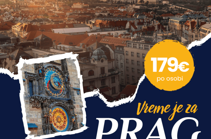 Panorama Praga sa starim zgradama i katedralom u pozadini, u večernjim satima.