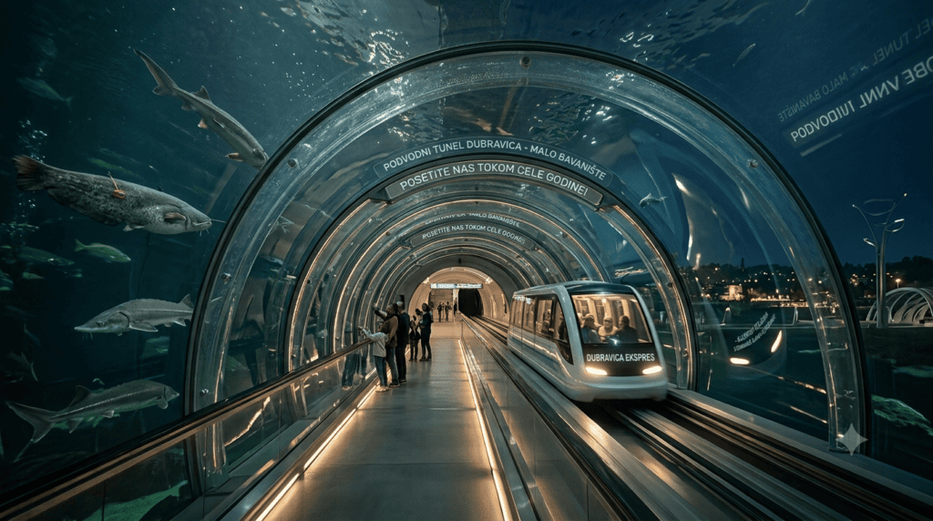 Podvodni tunel u Požarevcu sa akvarijumom i turističkim vozićem.