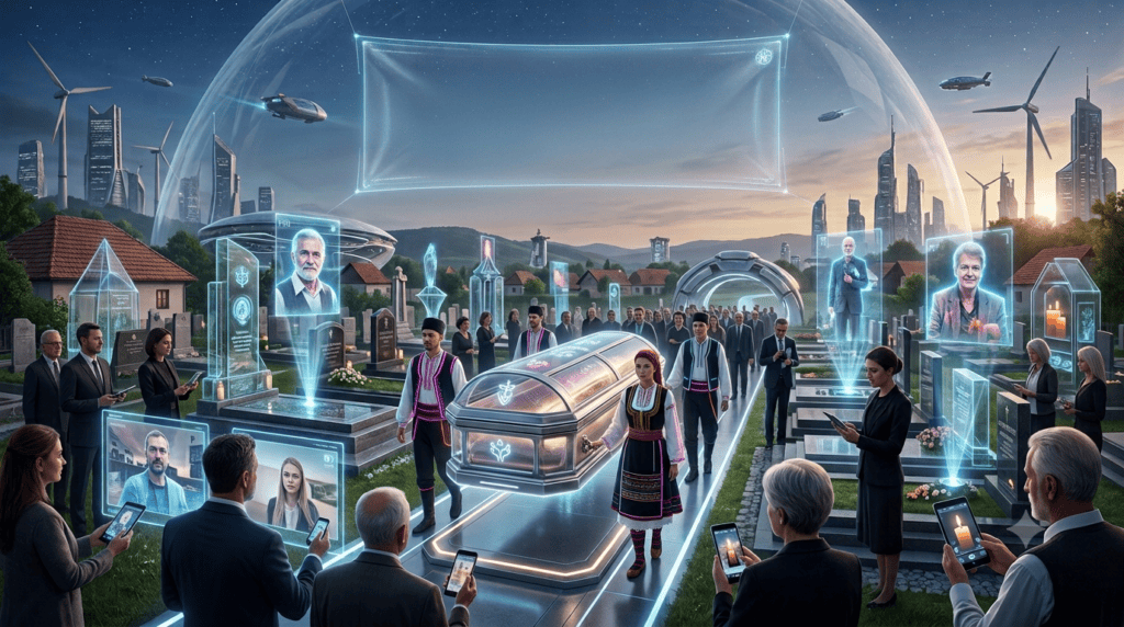 Futuristička sahrana sa hologramskim prikazima i robotima u Pozarevcu.