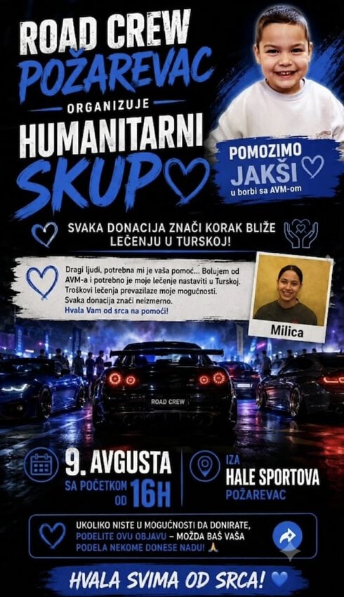 Automobil na humanitarnoj akciji u Požarevcu za pomoć Jakši i Milici.