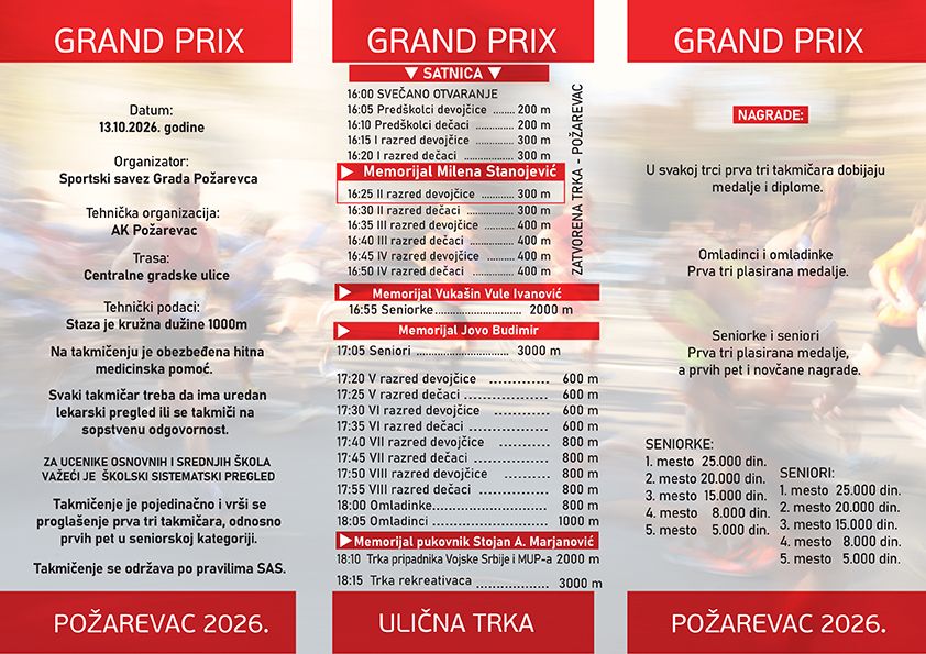 U Požarevcu se 13. oktobra održava 62. Ulična trka „Grand Prix Požarevac 2026“